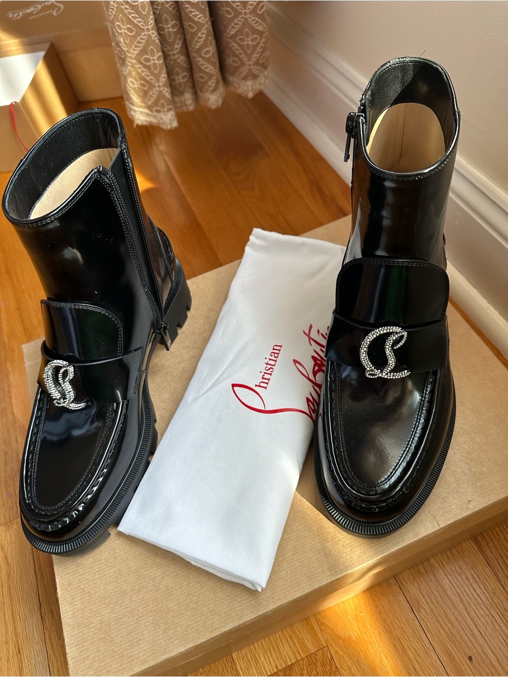 Christian Louboutin Black Patent Leather Ankle Boots with Crystal CC Buckle